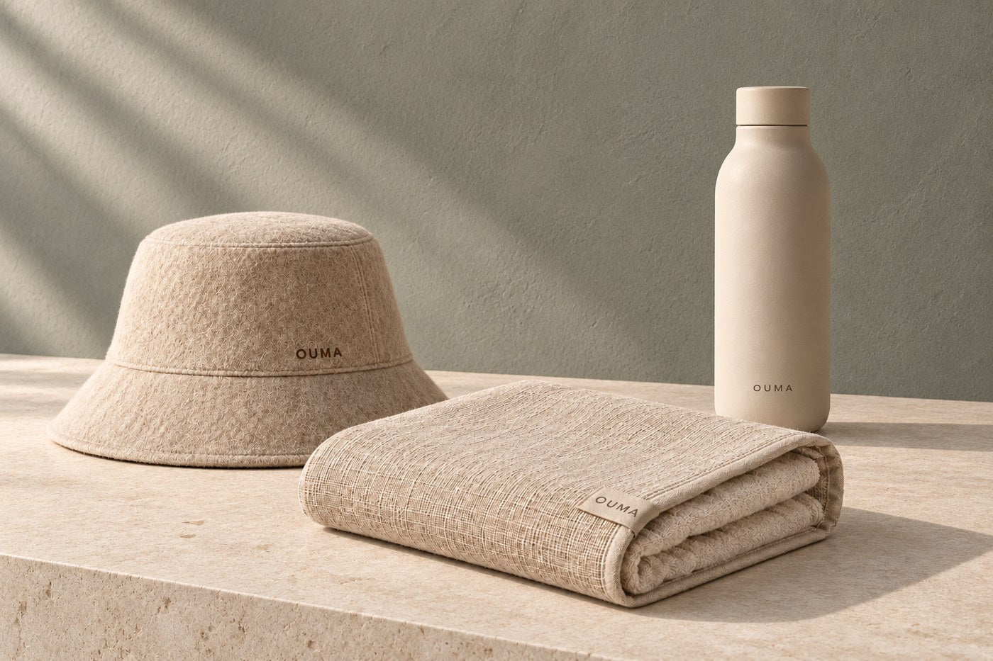 OUMA Sauna Set in beige — AI-generated illustration