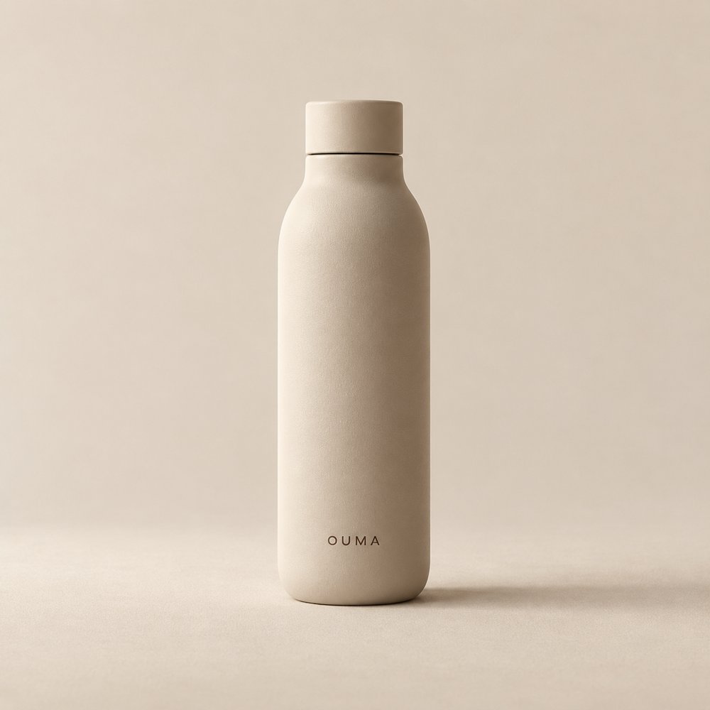 Beige OUMA reusable water bottle with matching cap — AI-generated illustration.