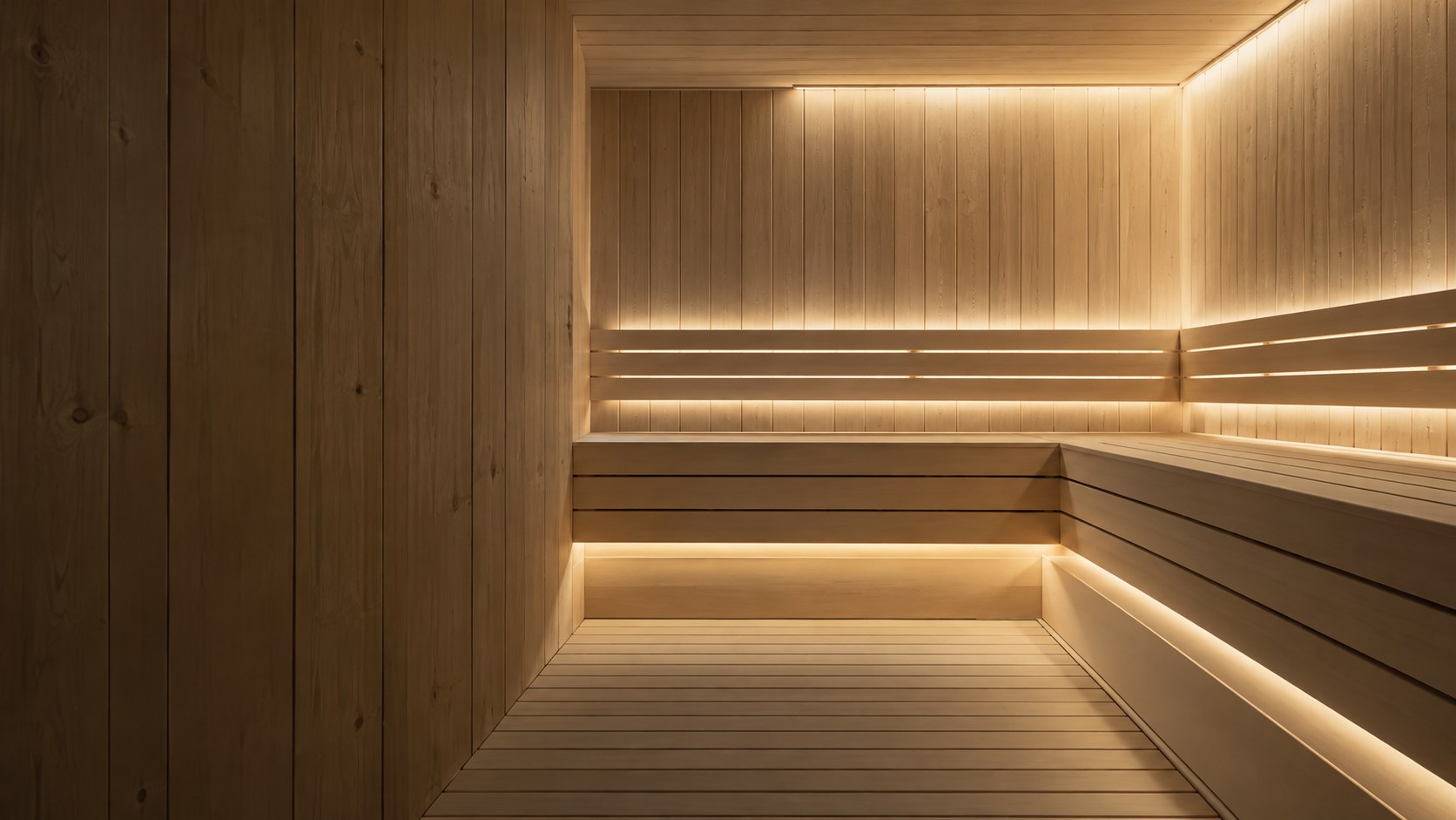 Scandinavian sauna with timber benches and warm concealed lighting — AI-generated illustration.
